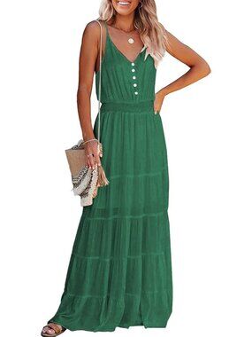 〽️Women's Grass Green Spaghetti Strap V Neck Flowy Maxi Dress Summer Sundress